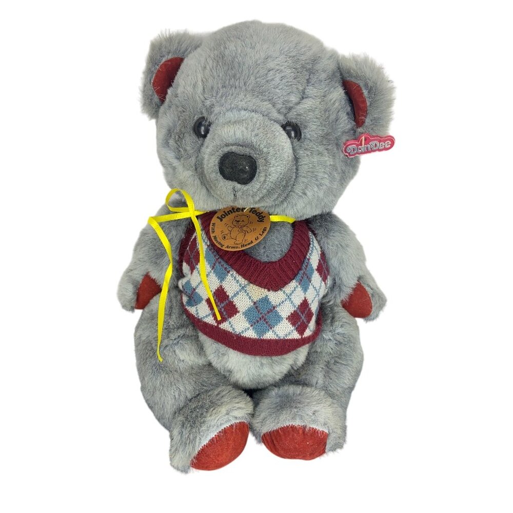 Vintage Dandee Jointed Gray Teddy Bear With Argyle Sweater Vest